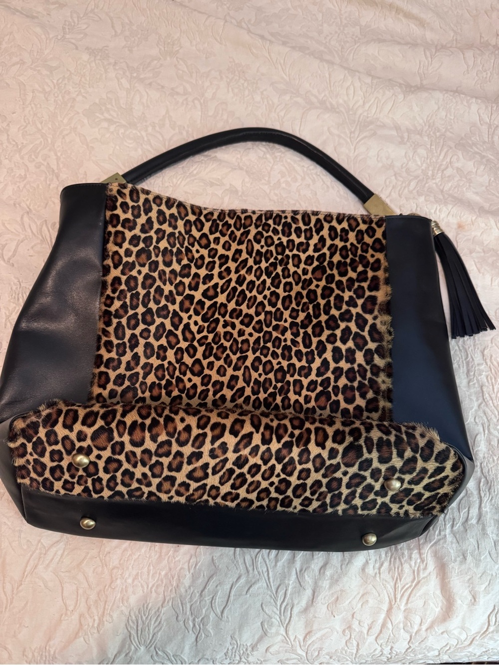 Leather Leopard Print Shoulder Tote